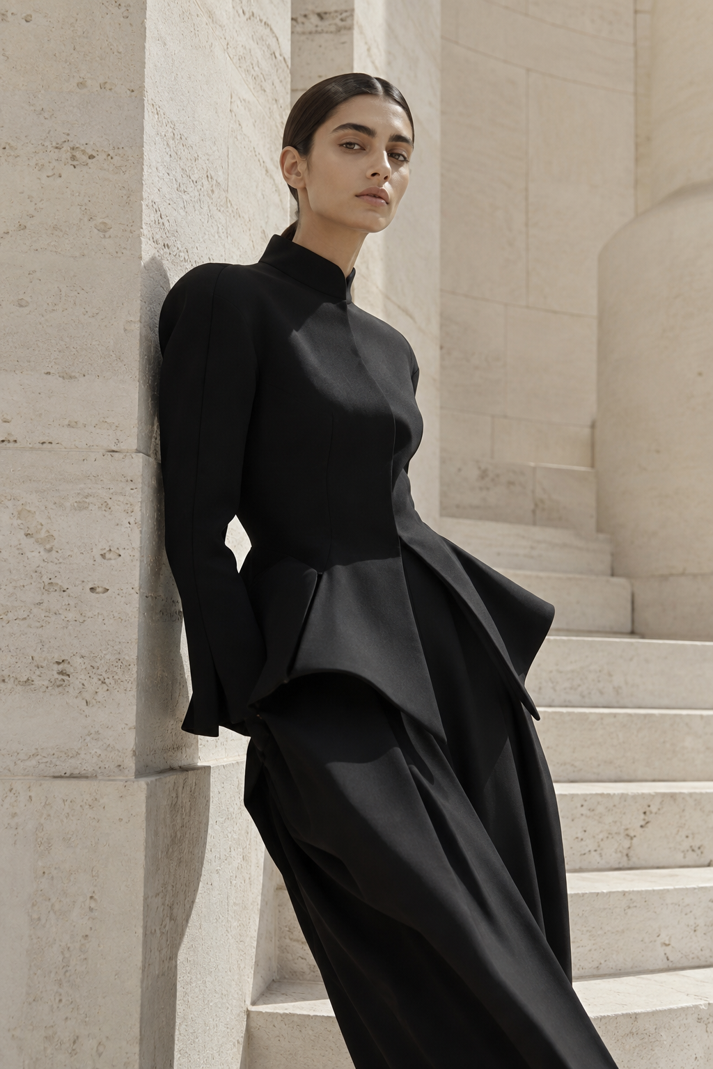 Original fashion editorial concept in black tailoring, not an image from Paris Fashion Week