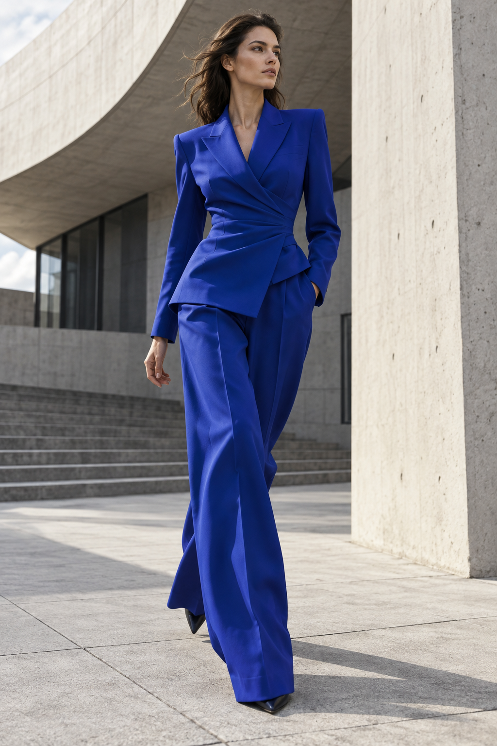 Original fashion concept: a model in a vivid blue tailored suit