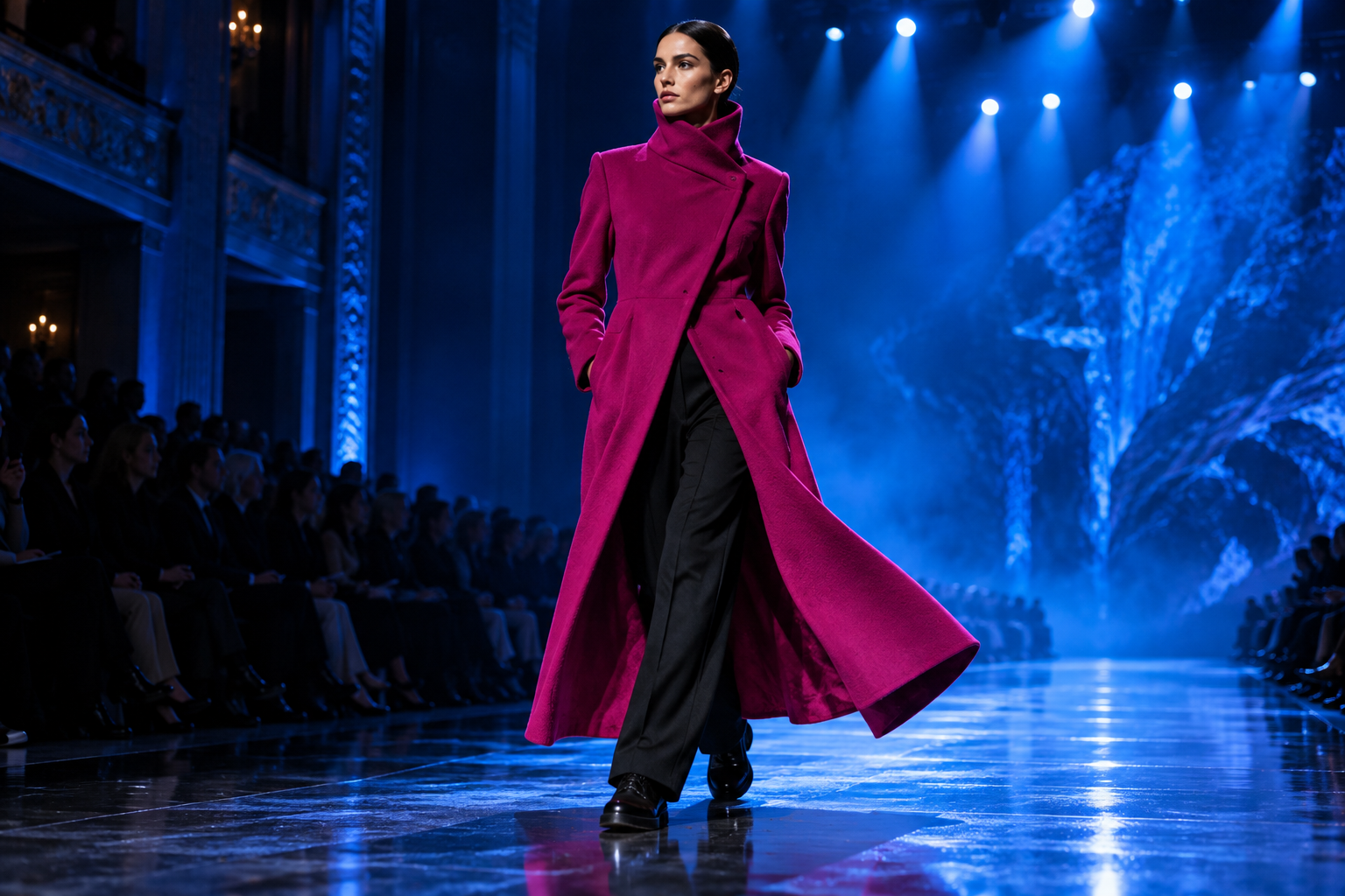 Fictional AI runway scene featuring a model in a magenta coat under blue lights